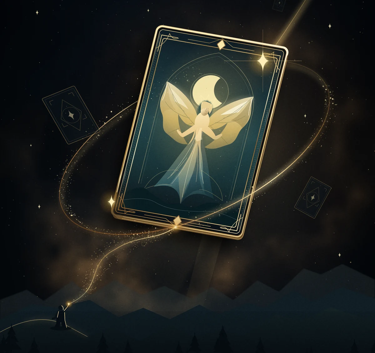 A tiny wisher sends a golden trail into the night, forming a gilded card with a moonlit, winged spirit.